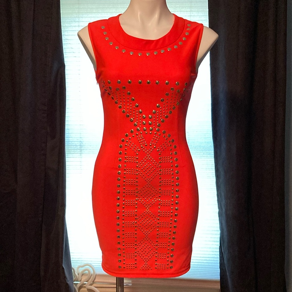 Farinelli studded bodycon vibrant orange sleeveless party dress size S